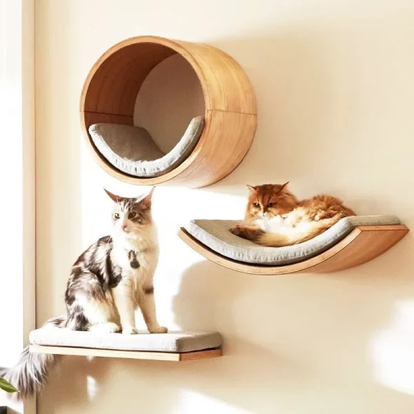 Wooden Cat Climbing Shelves Wall Mounted Cat Tree Sisal Scratching Post Pedal Hammock Indoor Kitten Playground Cats Accessories