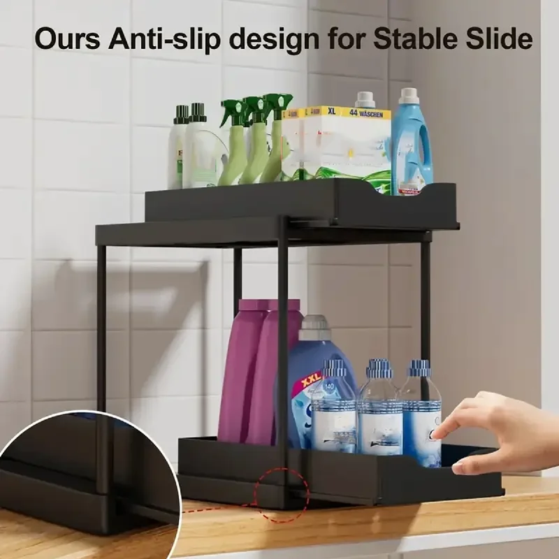 2-Tier Sliding Pull-Out Kitchen Storage Rack - Non-Slip Multifunctional Drawer Organizer for Under-Sink and Countertop Storage - Image 3