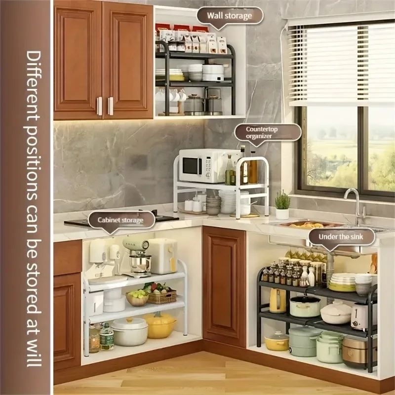 1 Set Multi-Use Kitchen Under Bathroom Sink Organizers - Expandable Cabinet Shelf Organizer Storage Rack - Image 3