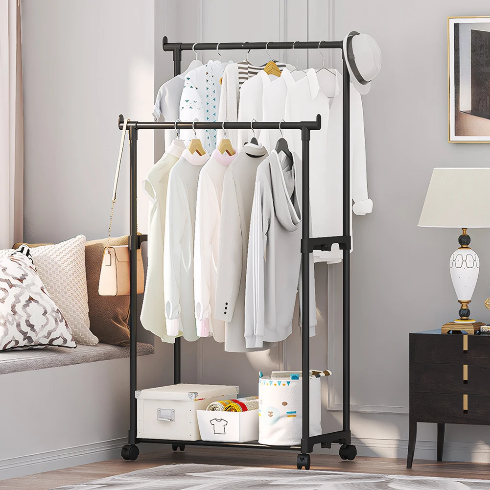 Double Rods Garment Rack Portable Clothes Organizer Clothes Rack with Wheels Clothes Hanging Rack for Shirt Coat