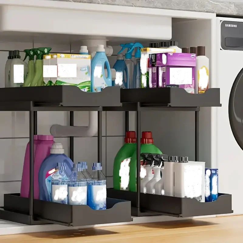 2-Tier Sliding Pull-Out Kitchen Storage Rack - Non-Slip Multifunctional Drawer Organizer for Under-Sink and Countertop Storage - Image 4