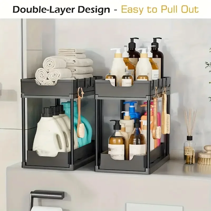 2-Tier Sliding Pull-Out Kitchen Storage Rack - Non-Slip Multifunctional Drawer Organizer for Under-Sink and Countertop Storage - Image 5