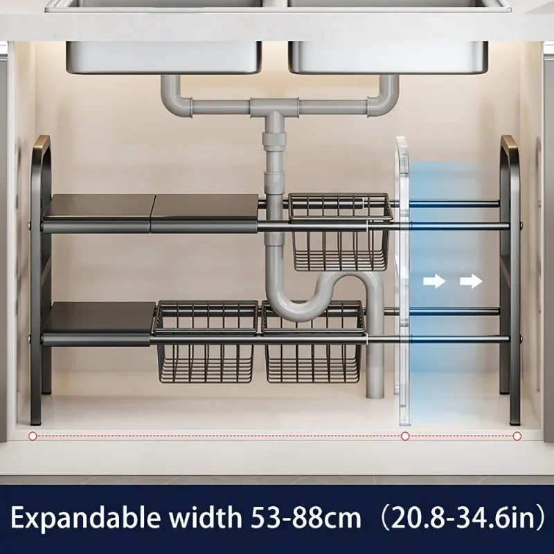 1 Set Multi-Use Kitchen Under Bathroom Sink Organizers - Expandable Cabinet Shelf Organizer Storage Rack - Image 4