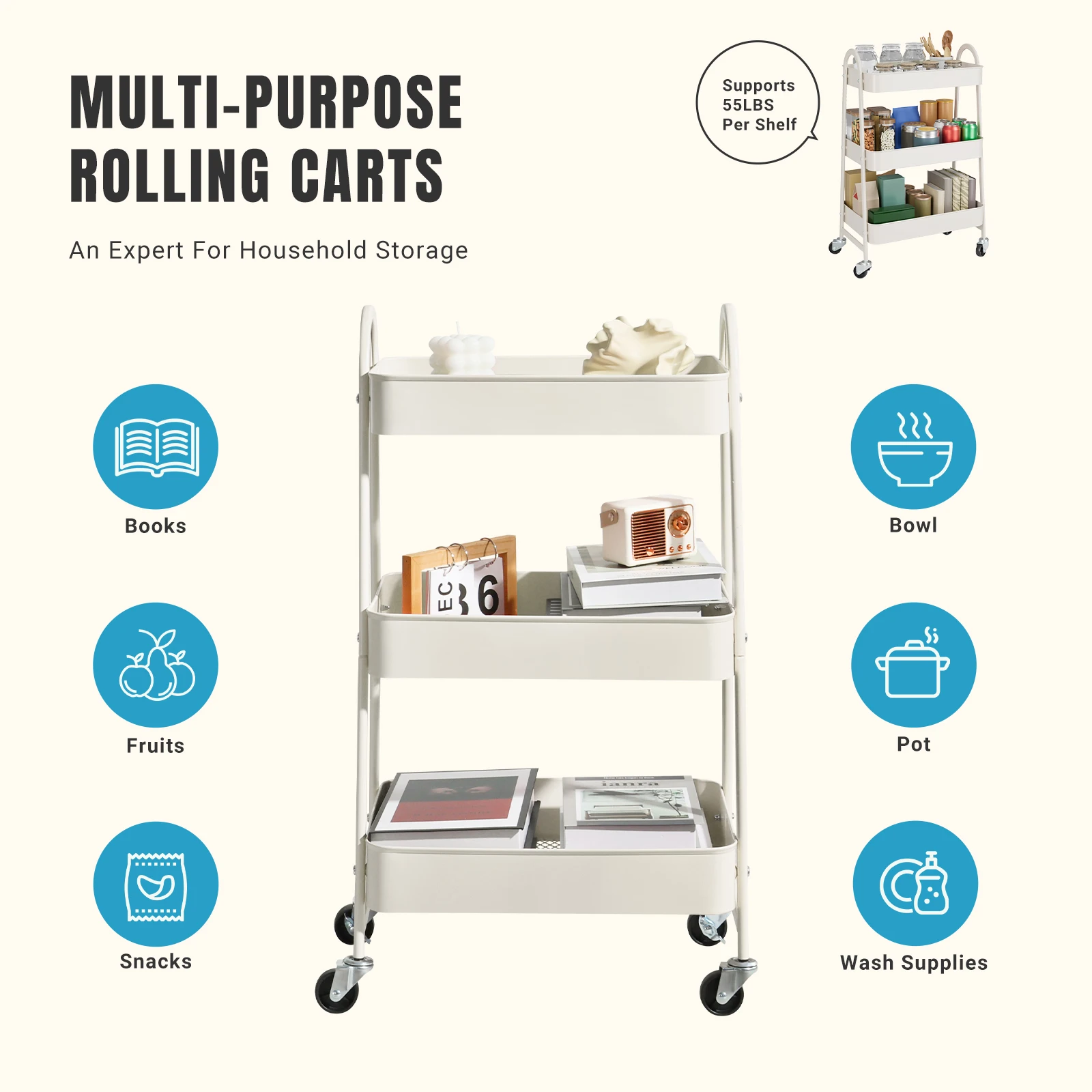 JHK 3 Tier Metal Storage Kitchen Cart with Lockable Wheels Mobile Shelving Unit Utility Rolling Organizer For Home Narrow Places - Image 4