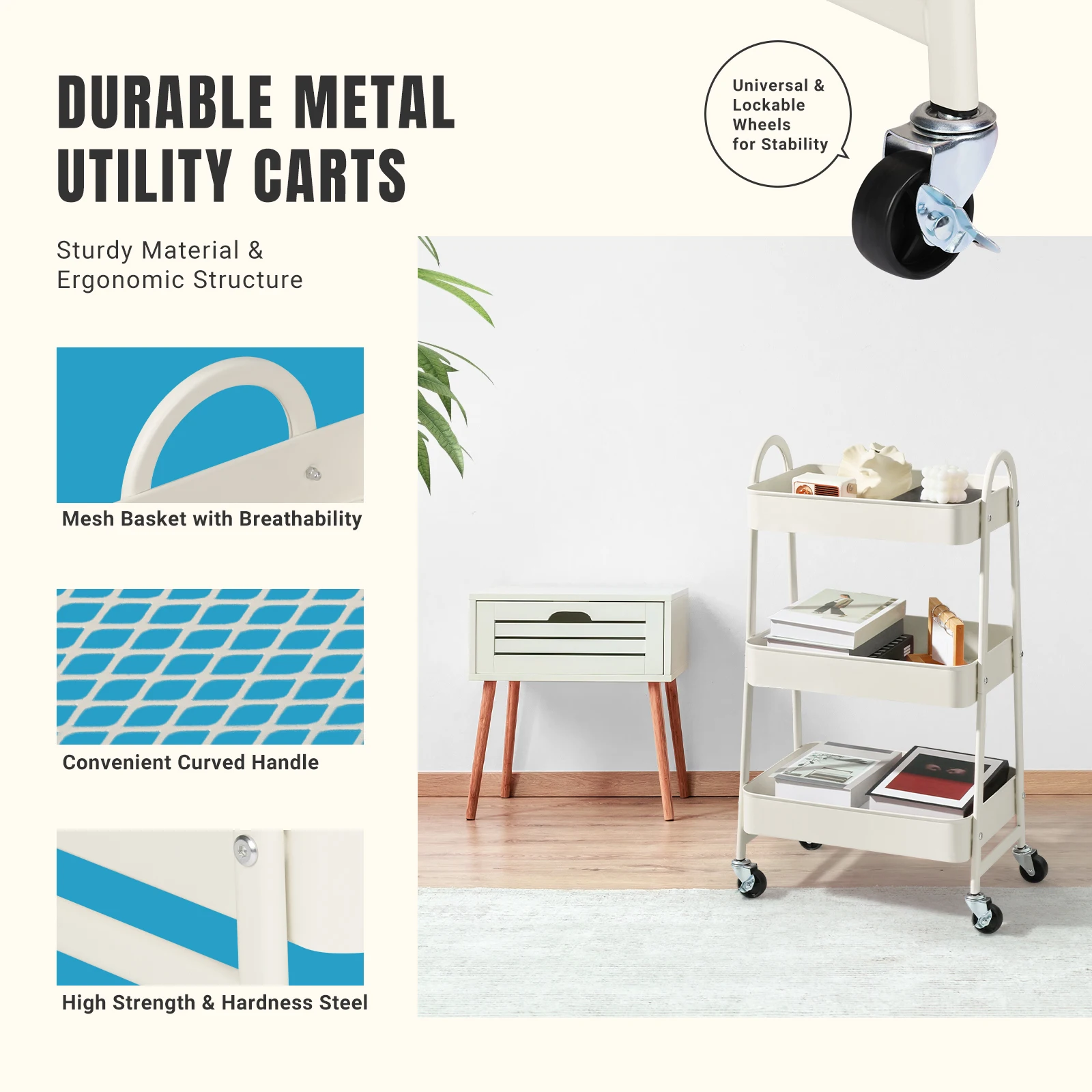 JHK 3 Tier Metal Storage Kitchen Cart with Lockable Wheels Mobile Shelving Unit Utility Rolling Organizer For Home Narrow Places - Image 3