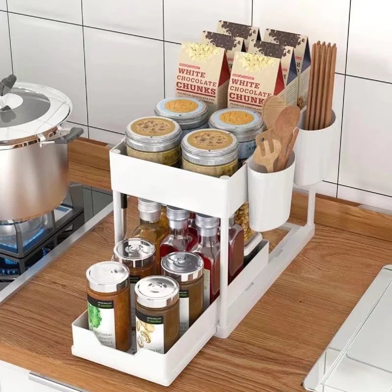 2-Tier Sliding Pull-Out Kitchen Storage Rack - Non-Slip Multifunctional Drawer Organizer for Under-Sink and Countertop Storage - Image 2