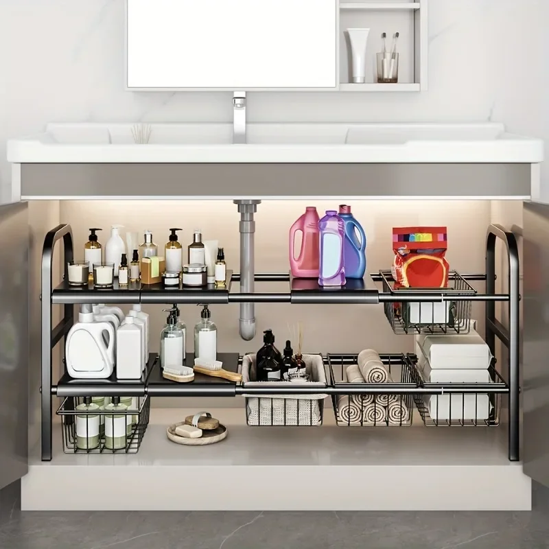 1 Set Multi-Use Kitchen Under Bathroom Sink Organizers - Expandable Cabinet Shelf Organizer Storage Rack - Image 2
